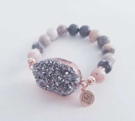 Pink Zebra Jasper, Silver Druzy Agate Pendant- Rose Gold