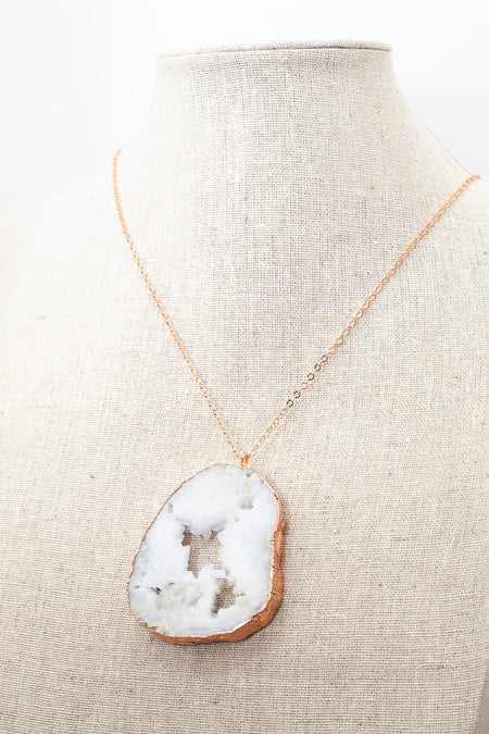 Rose Gold Necklace White Druzy Slice