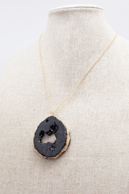 Gold Necklace Black Druzy Agate