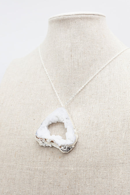 Silver Necklace White Druzy Agate