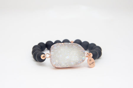 Onyx Frosted, White Druzy Agate Pendant- Rose Gold