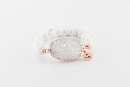 Howlite White, White Druzy Agate Pendant- Rose Gold