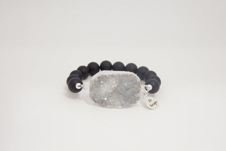 Onyx, White Druzy Agate Pendant- Silver