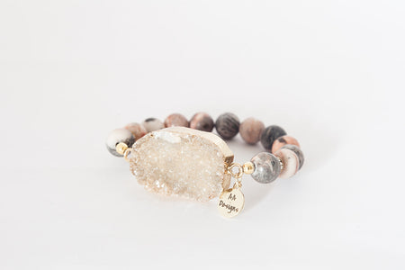 Pink Zebra Jasper, Champagne Druzy Agate Pendant- Gold