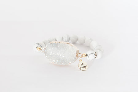 Howlite White, White Druzy Agate Pendant- Gold