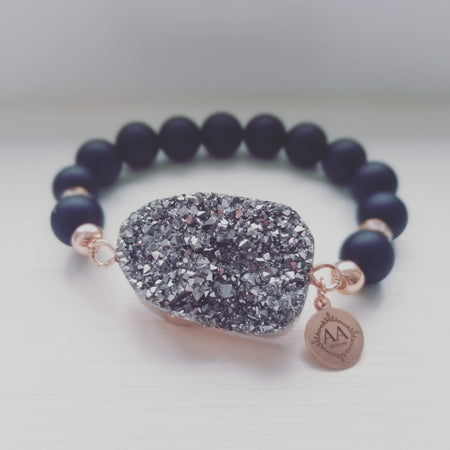 Onyx, Silver Druzy Agate Pendant- Rose Gold