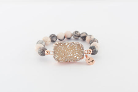Pink Zebra Jasper, Champagne Druzy Agate Pendant- Rose Gold