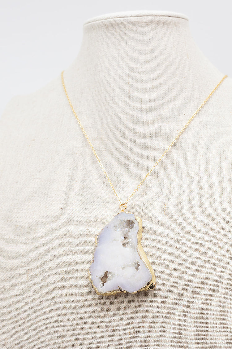 Gold Necklace White Druzy Agate