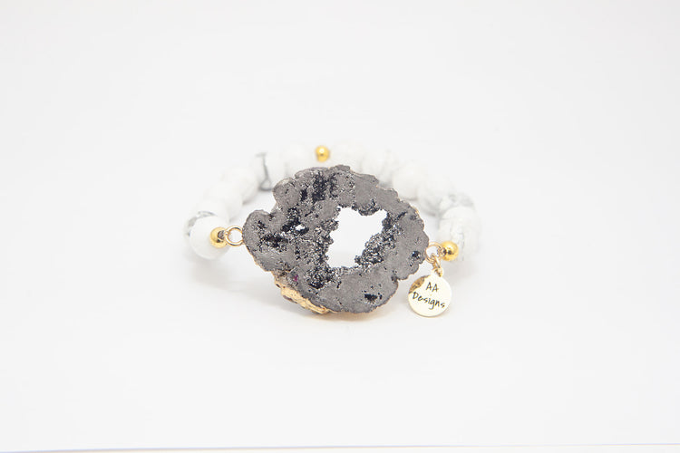 Howlite White Frosted, Black Druzy Agate Pendant- Gold